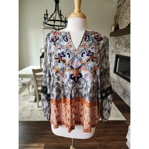 Anthropologie Embroidered Boho Peasant Boho Blouse Mixed Print Large